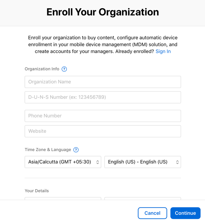 Enrollment form for enterprises in Apple Business Manager