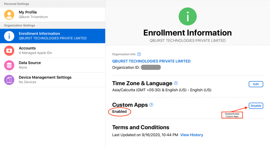 (Disable/Enable Custom Apps): Organization info screen