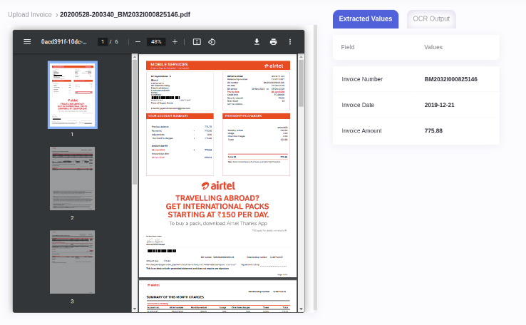 Output screen for multi-page invoices