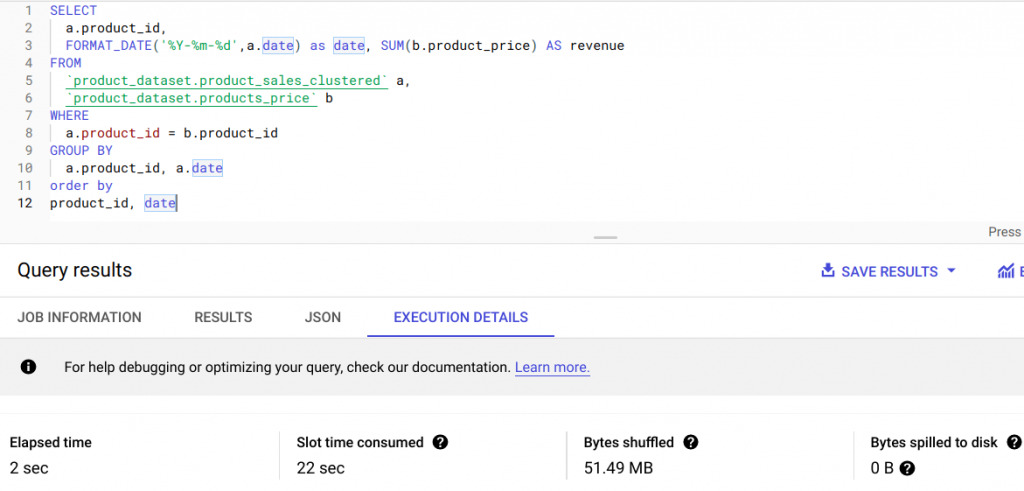 Query execution on the table clustered using ‘product_id’ colum