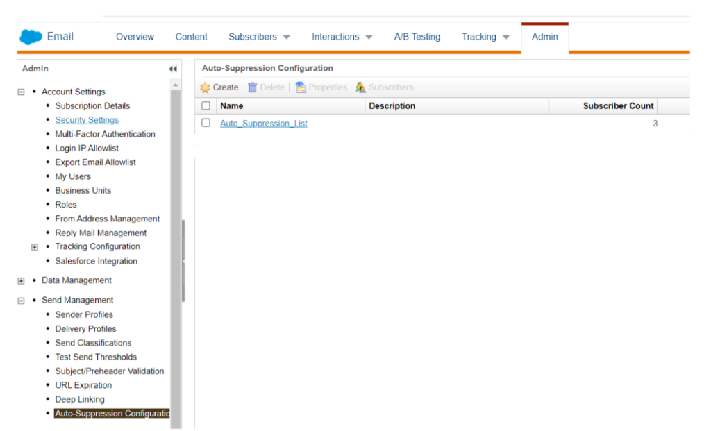 Screenshot of Auto-Suppression List Configuration in SFMC