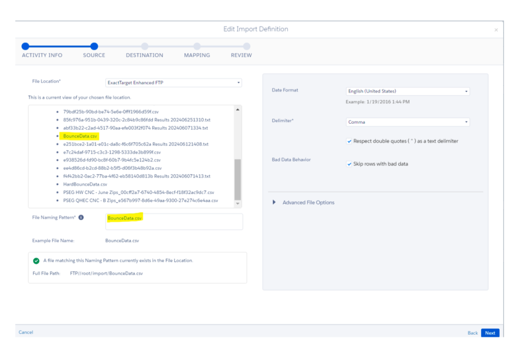 Import activity in Source section