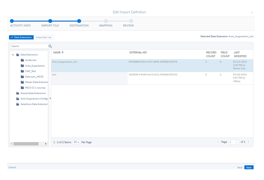 Selecting Destination Data Extension for Importing Information
