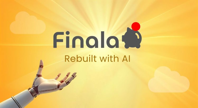 A robotic hand holds up the Finala logo against a bright yellow background. The text "Finala, Rebuilt with AI" appears prominently.