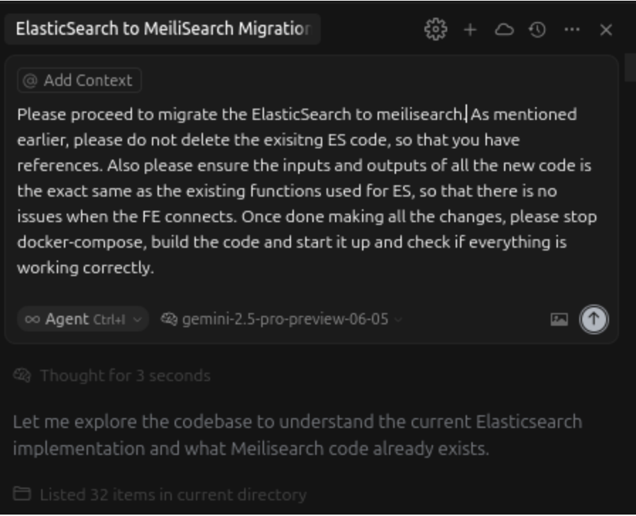 Screenshot of a detailed prompt in Cursor instructing AI to migrate Finala from Elasticsearch to Meilisearch. The prompt outlines context, technical requirements, and goals for the migration.