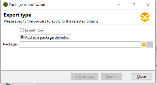 Screenshot of the Adobe Campaign interface showing the option to add a workflow component to an existing package definition. The dialog box displays choices for exporting immediately or adding the component to a selected package definition.