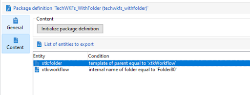 Screenshot of the Adobe Campaign package content view, displaying the list of entities and components included in the selected package definition.