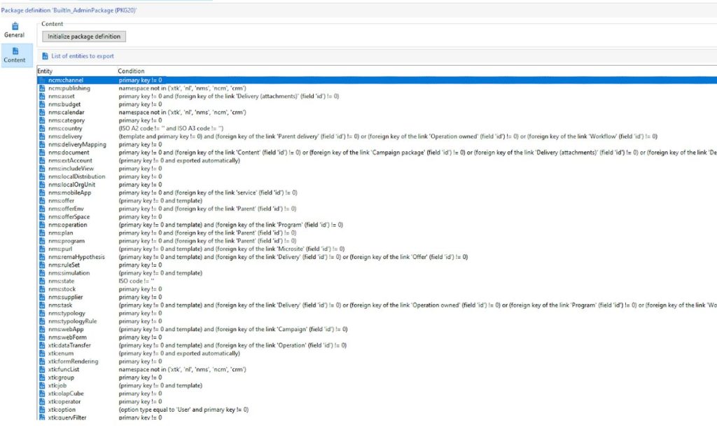 Screenshot of Adobe Campaign’s package definition wizard displaying built-in initializations. The Platform option includes technical resources such as schemas and JavaScript, while the Admin option covers business objects like templates and libraries.