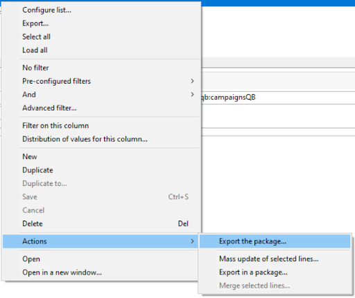 Screenshot of Adobe Campaign showing the export package dialog, with options to export the selected package manually to a file.