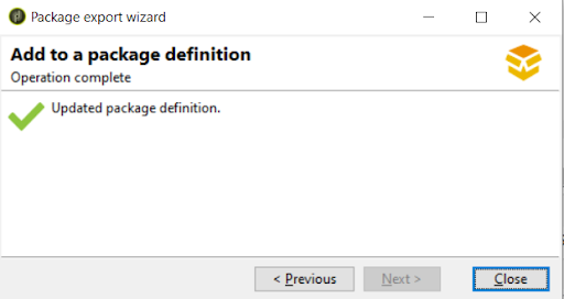 Screenshot of Adobe Campaign confirmation screen showing a successful export, with the selected components now included in the package definition.