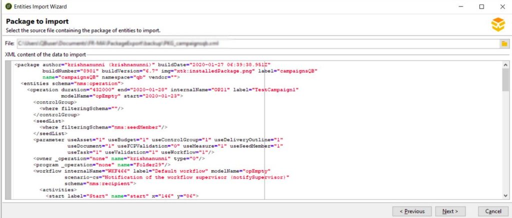 Screenshot of the Adobe Campaign Import Package wizard showing the step where users select an exported XML file.