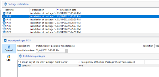 Screenshot of Adobe Campaign showing the installed package logs after an import.