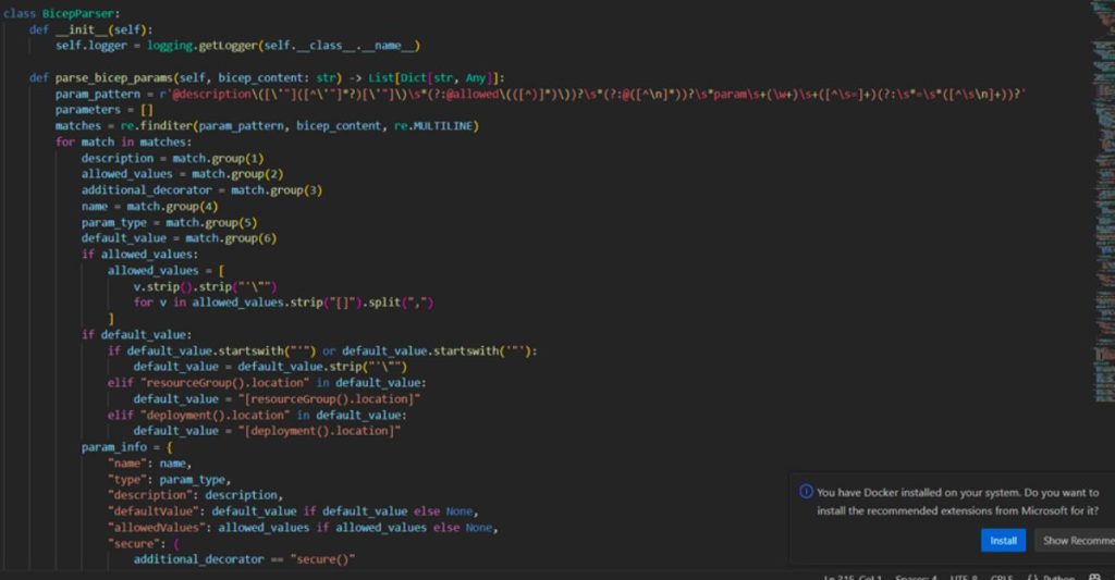 A screenshot of a Python code block for Bicep Parser used for infrastructure provisioning for FedRAMP High compliance